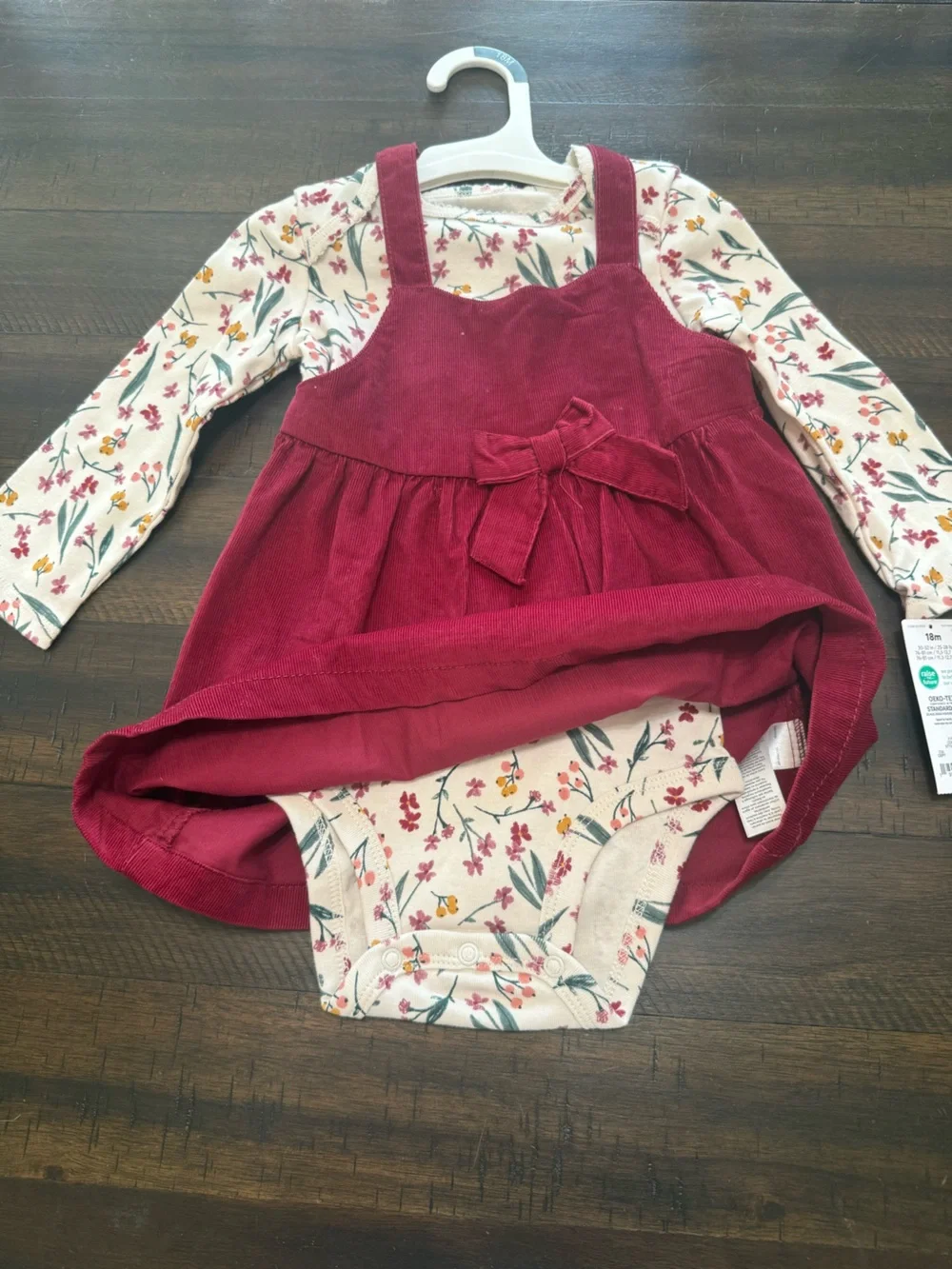Girls' Red Corduroy Pinafore Dress with Floral Top
